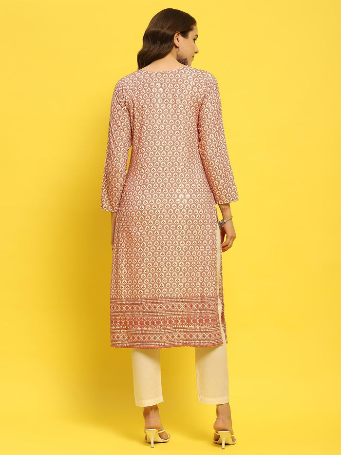 Women Liva Rayon Lilac Schiffli Embroidered Kurta.
