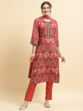 Women Liva Rayon Maroon Abstract Print Kurta Trouser Dupatta.