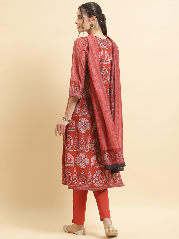 Women Liva Rayon Maroon Abstract Print Kurta Trouser Dupatta.