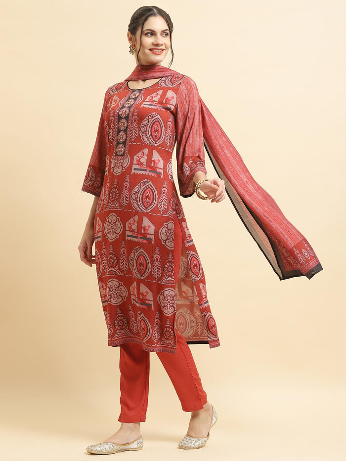 Women Liva Rayon Maroon Abstract Print Kurta Trouser Dupatta.