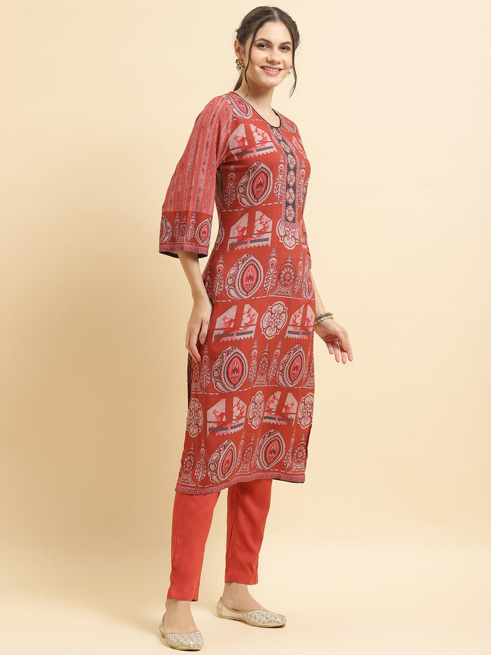 Women Liva Rayon Maroon Abstract Print Kurta Trouser Dupatta.