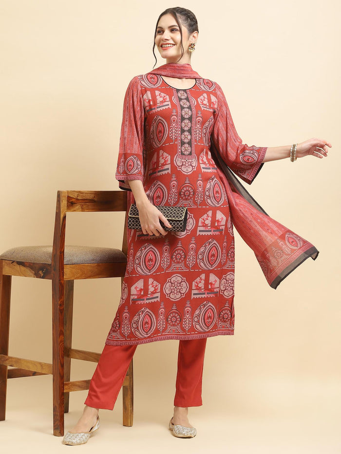 Women Liva Rayon Maroon Abstract Print Kurta Trouser Dupatta.