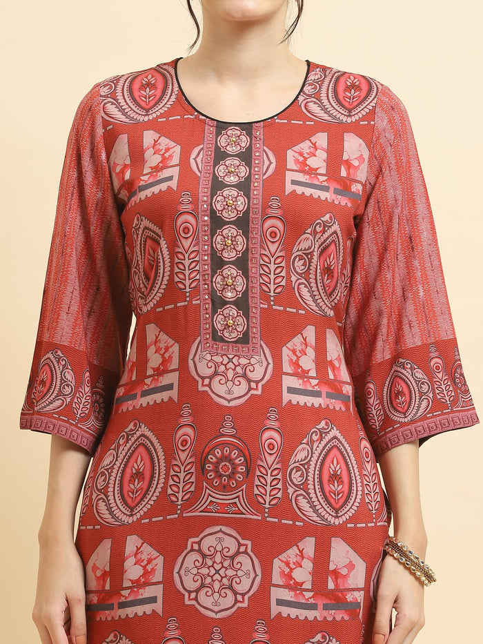 Women Liva Rayon Maroon Abstract Print Kurta Trouser Dupatta.
