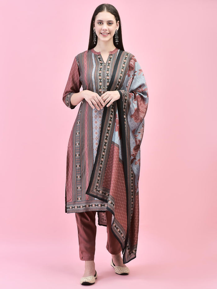 Women Liva (Rayon) Maroon Aztec Print Kurta Trouser Dupatta.