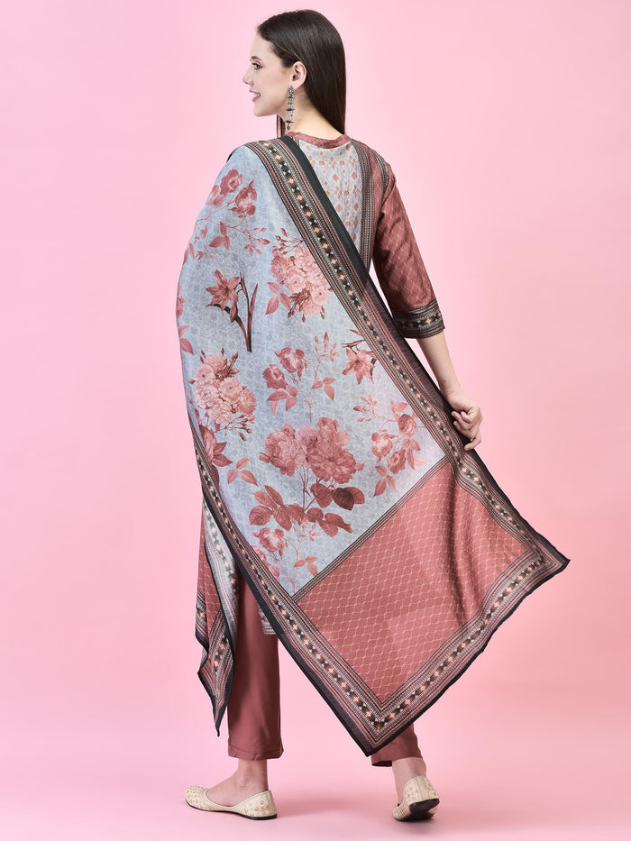 Women Liva (Rayon) Maroon Aztec Print Kurta Trouser Dupatta.