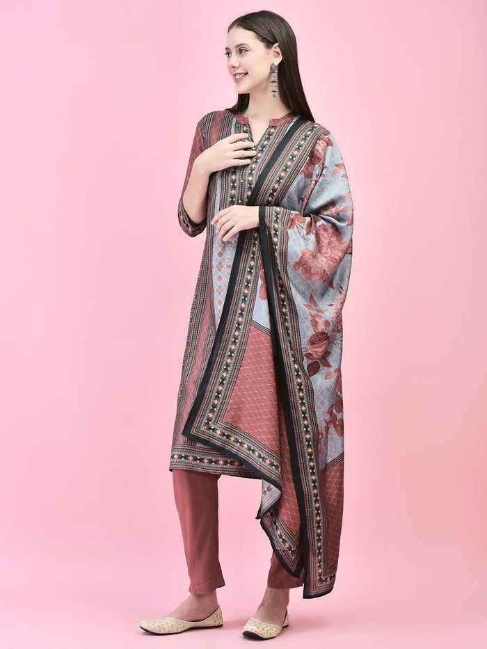 Women Liva (Rayon) Maroon Aztec Print Kurta Trouser Dupatta.
