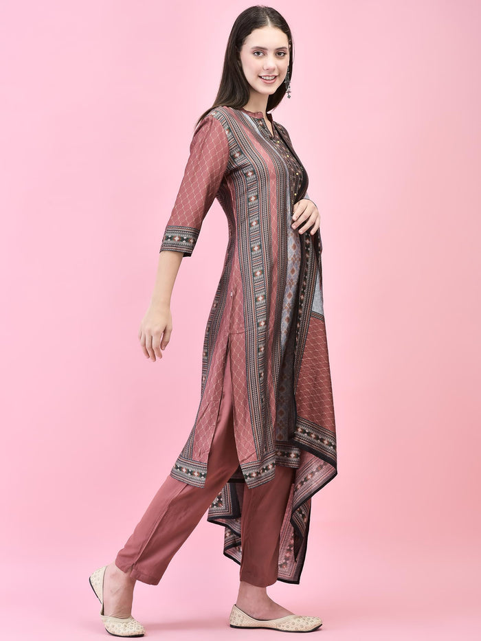 Women Liva (Rayon) Maroon Aztec Print Kurta Trouser Dupatta.
