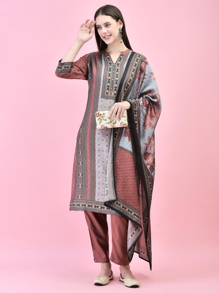 Women Liva (Rayon) Maroon Aztec Print Kurta Trouser Dupatta.