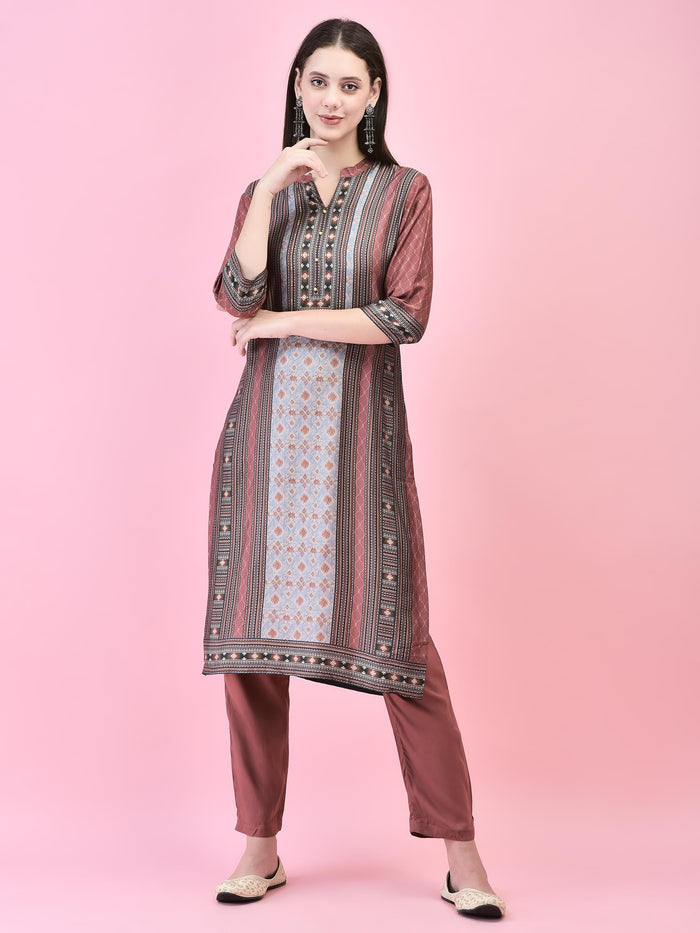 Women Liva (Rayon) Maroon Aztec Print Kurta Trouser Dupatta.