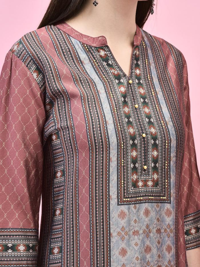 Women Liva (Rayon) Maroon Aztec Print Kurta Trouser Dupatta.
