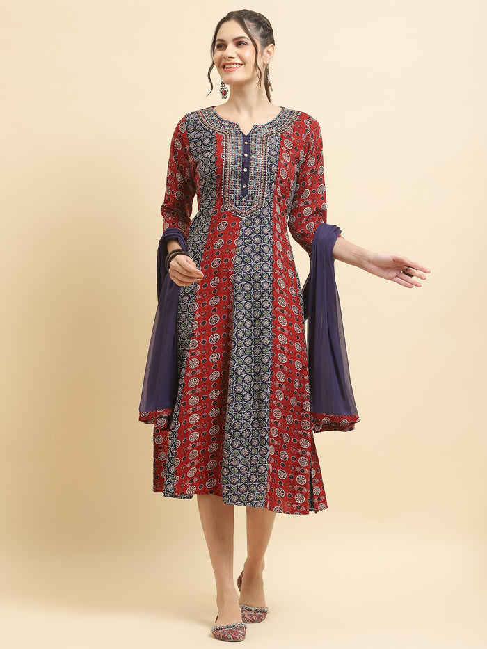 Women Liva Rayon Maroon Embroidered Dress With Dupatta.