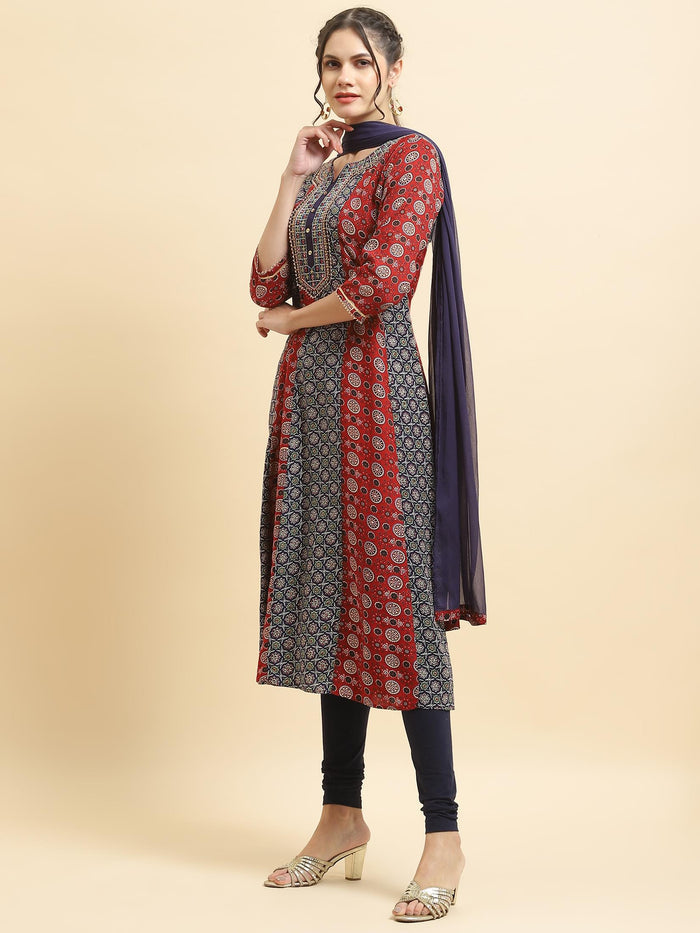 Women Liva Rayon Maroon Embroidered Dress With Dupatta.
