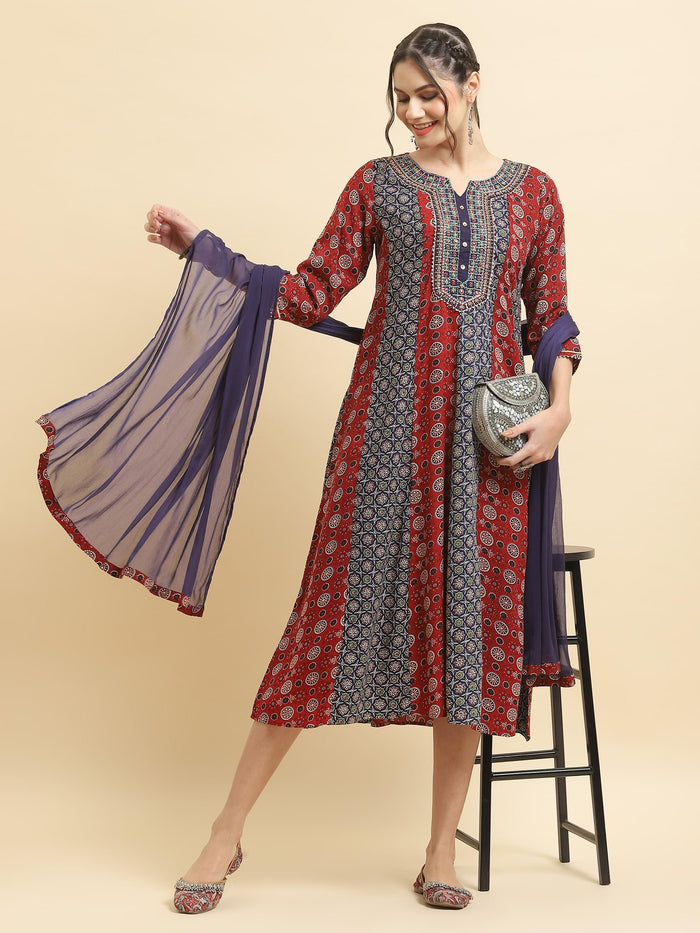 Women Liva Rayon Maroon Embroidered Dress With Dupatta.