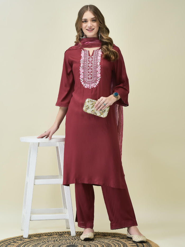 Women Liva Rayon Maroon Embroidered Kurta Comfort Pant Dupatta.