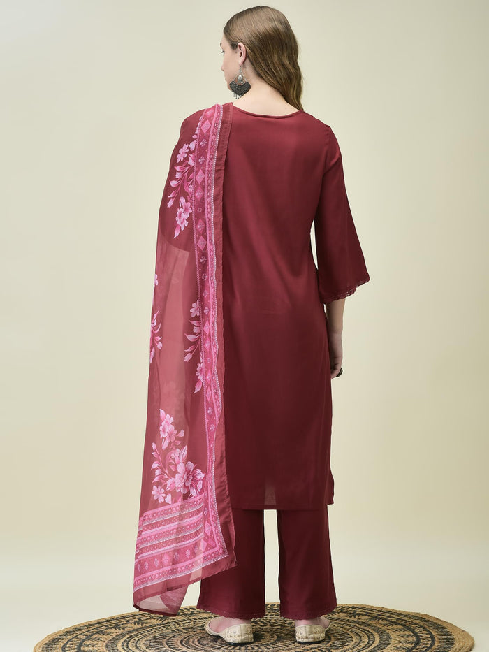 Women Liva Rayon Maroon Embroidered Kurta Comfort Pant Dupatta.