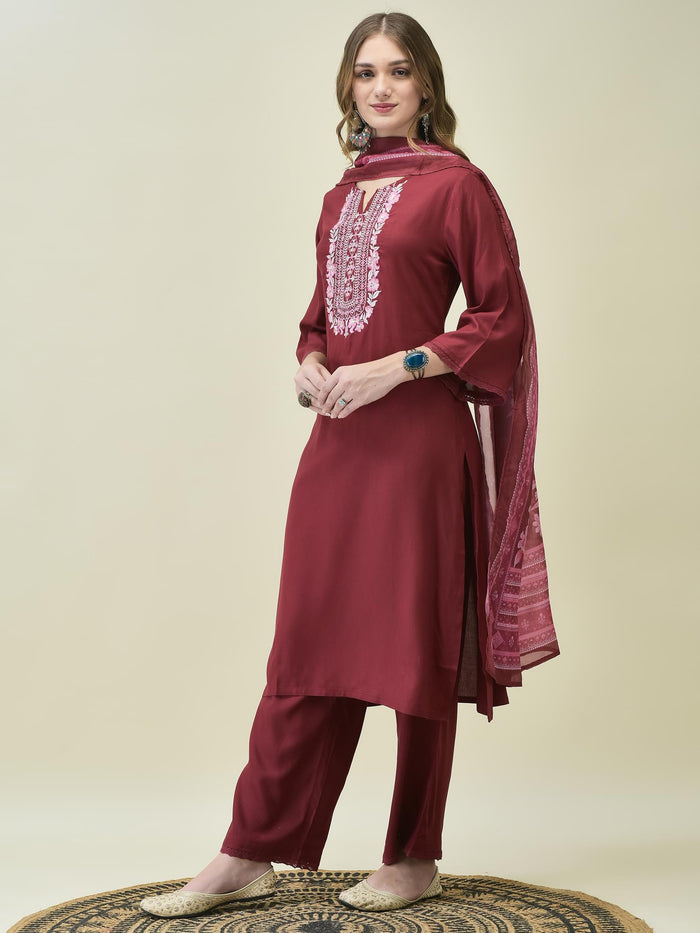 Women Liva Rayon Maroon Embroidered Kurta Comfort Pant Dupatta.