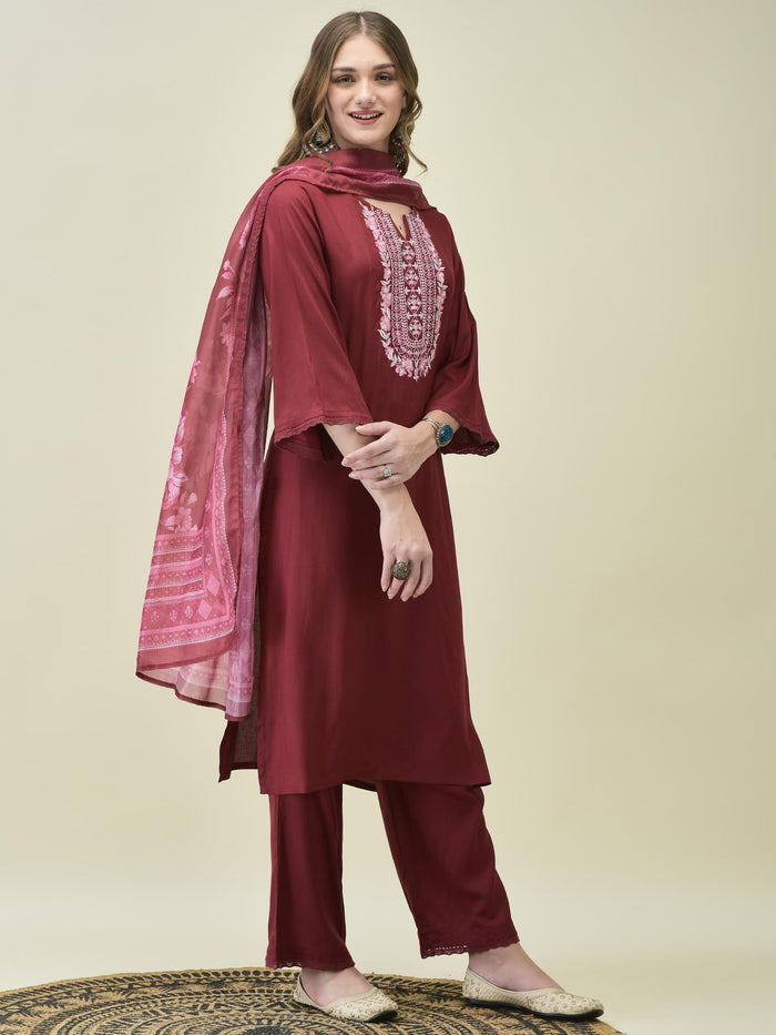 Women Liva Rayon Maroon Embroidered Kurta Comfort Pant Dupatta.