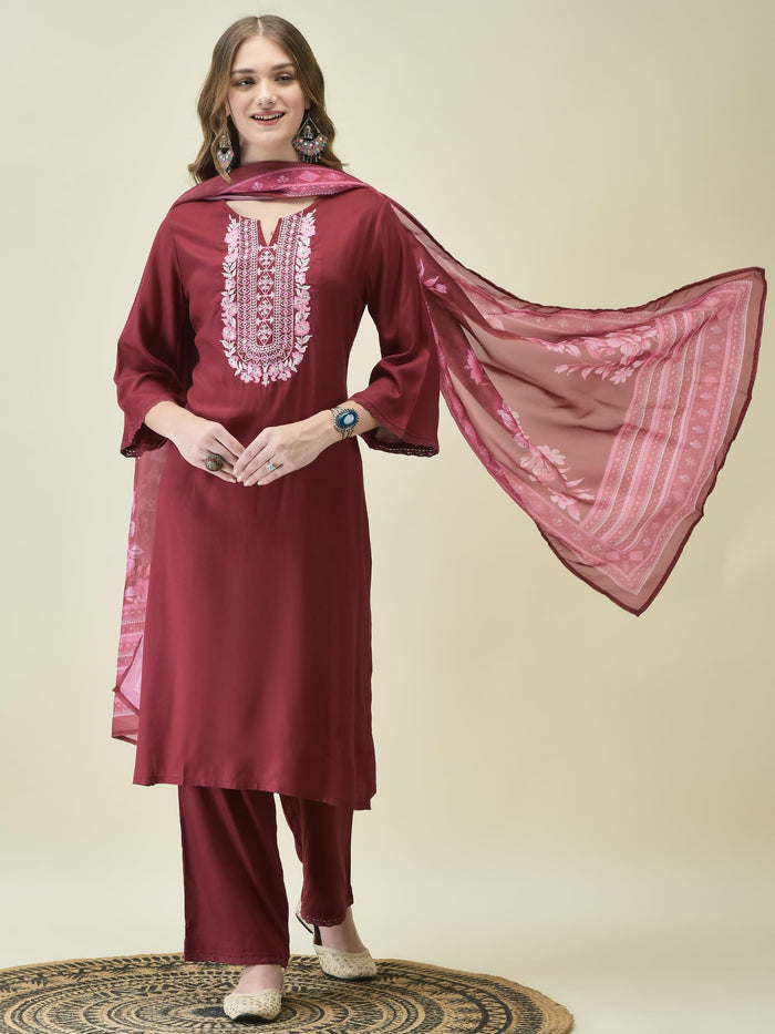 Women Liva Rayon Maroon Embroidered Kurta Comfort Pant Dupatta.