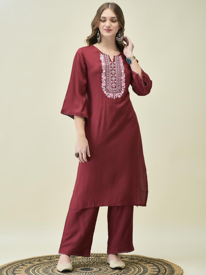 Women Liva Rayon Maroon Embroidered Kurta Comfort Pant Dupatta.