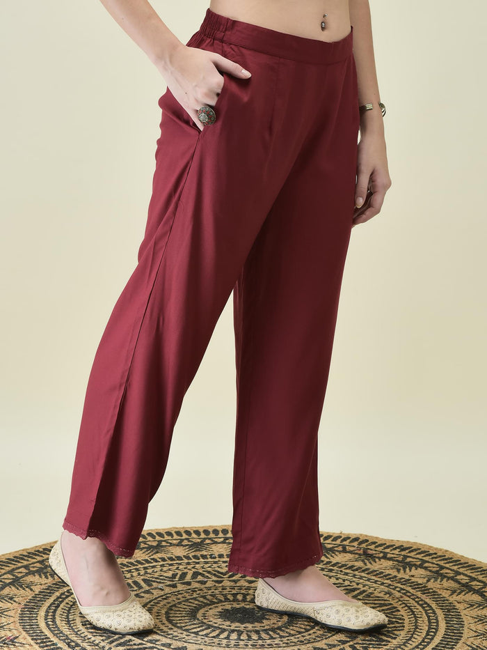 Women Liva Rayon Maroon Embroidered Kurta Comfort Pant Dupatta.