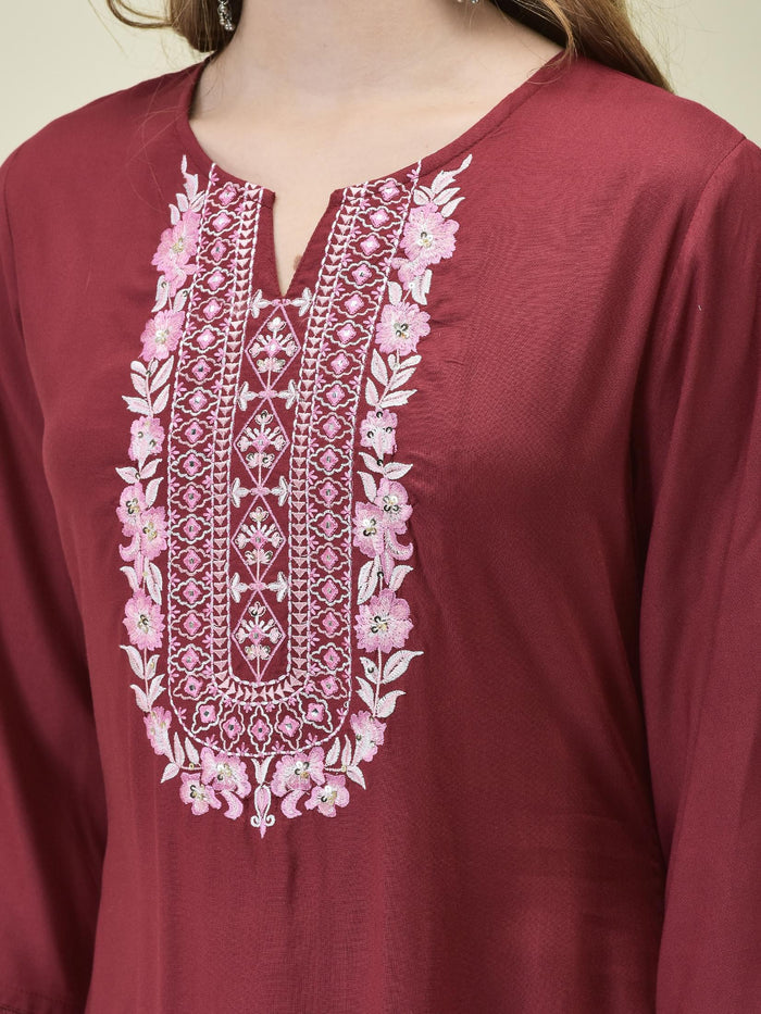 Women Liva Rayon Maroon Embroidered Kurta Comfort Pant Dupatta.