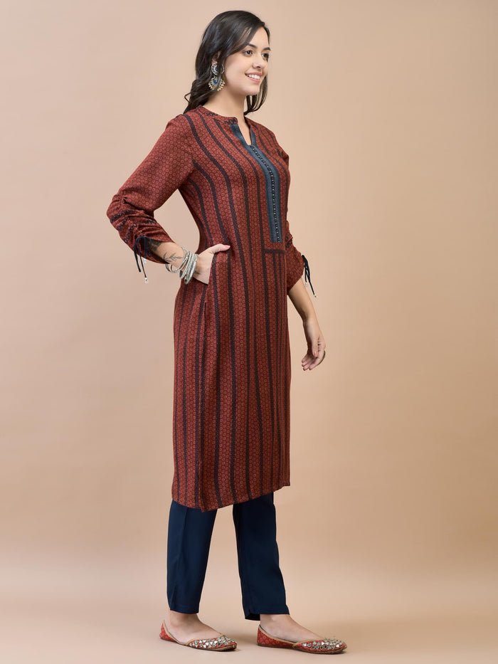 Women Liva Rayon Maroon Printed Kurta.