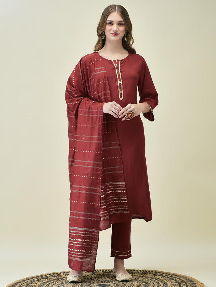 Women Liva Rayon Maroon Solid Kurta Trouser Dupatta.
