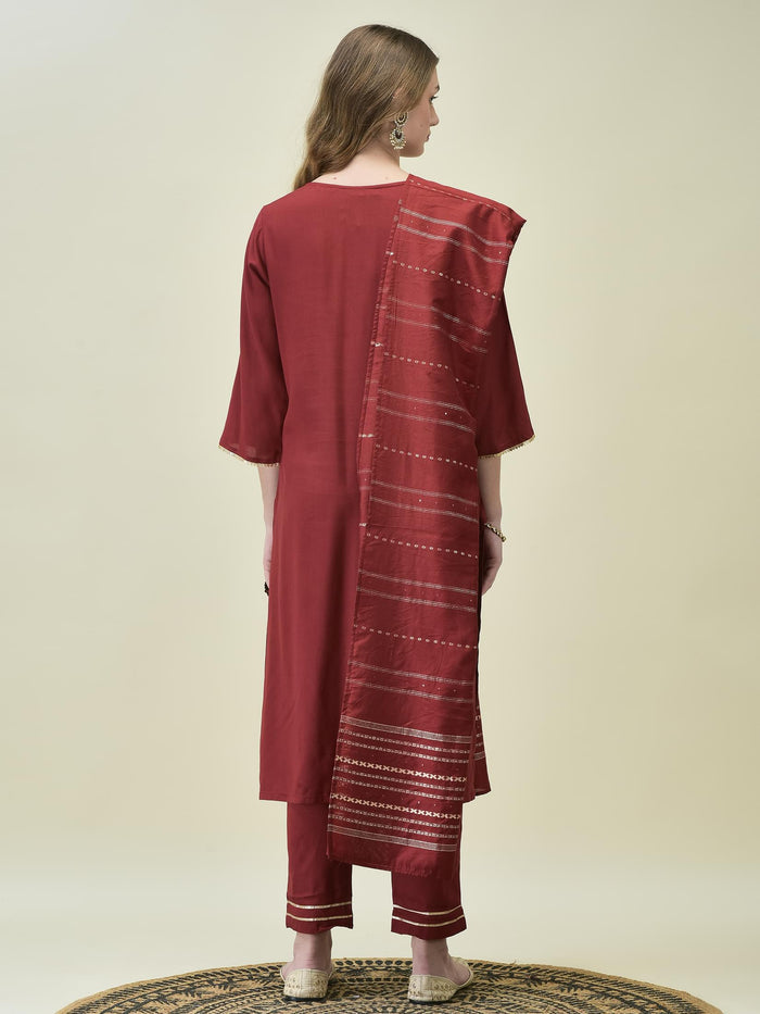 Women Liva Rayon Maroon Solid Kurta Trouser Dupatta.