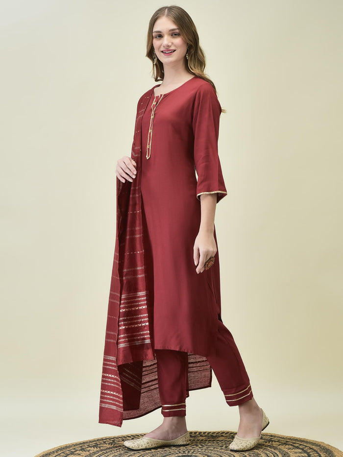 Women Liva Rayon Maroon Solid Kurta Trouser Dupatta.
