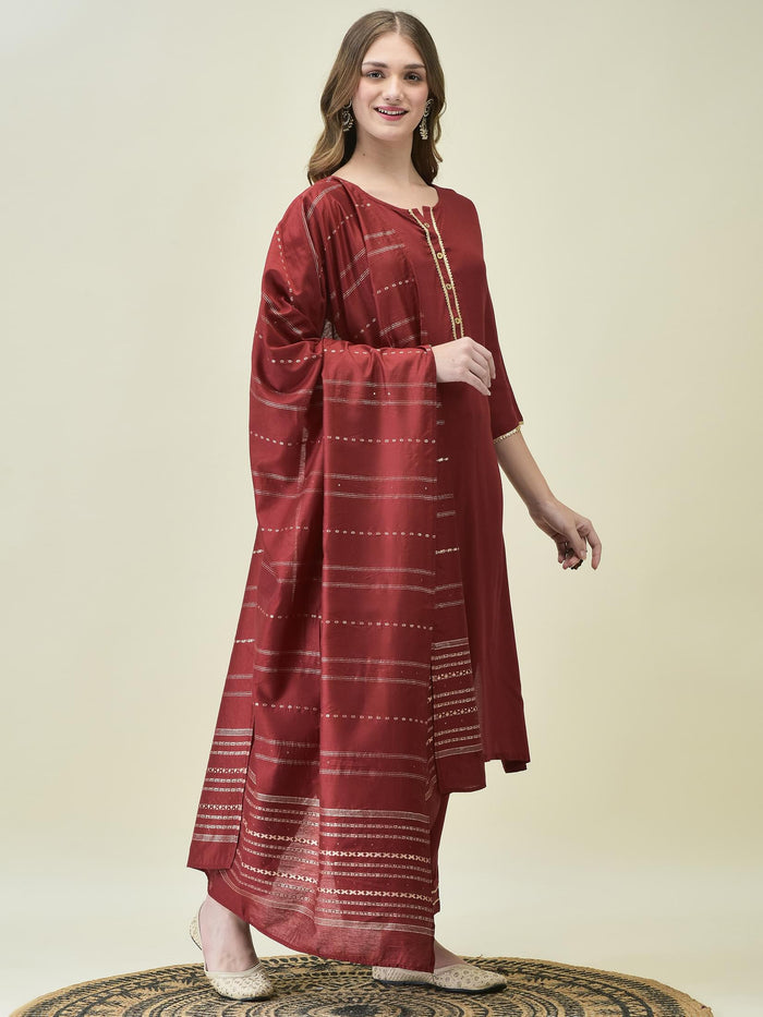 Women Liva Rayon Maroon Solid Kurta Trouser Dupatta.