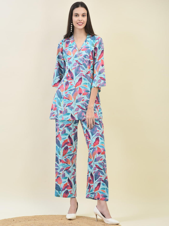 Women Liva Rayon Multicolor Abstract Print Co-Ord Set.