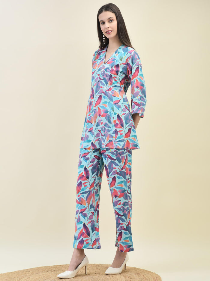 Women Liva Rayon Multicolor Abstract Print Co-Ord Set.