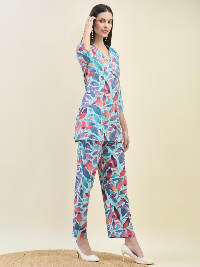 Women Liva Rayon Multicolor Abstract Print Co-Ord Set.