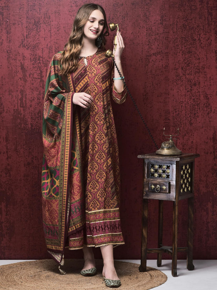 Women Liva (Rayon) Multicolor Mughal Print Dress With Chanderi Dupatta.