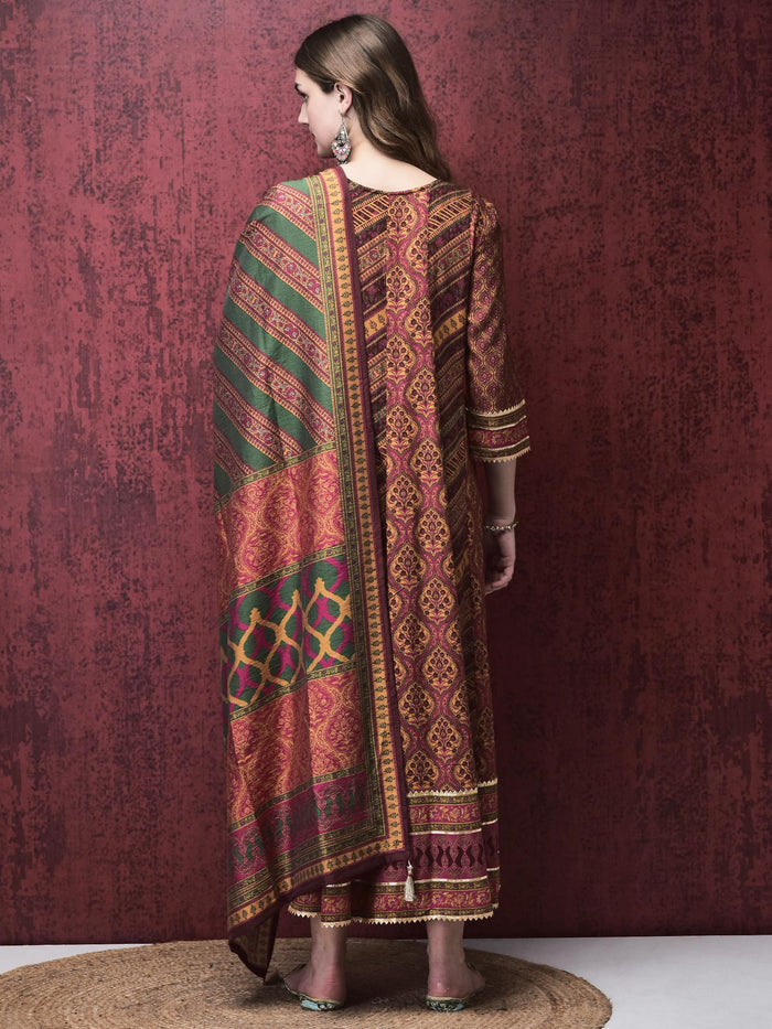 Women Liva (Rayon) Multicolor Mughal Print Dress With Chanderi Dupatta.