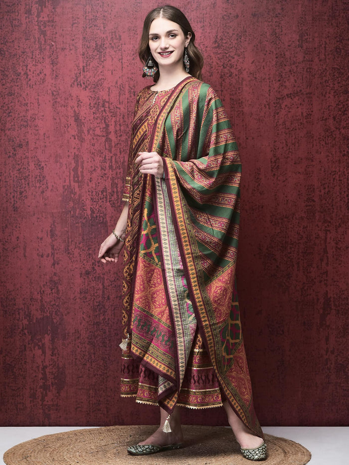 Women Liva (Rayon) Multicolor Mughal Print Dress With Chanderi Dupatta.