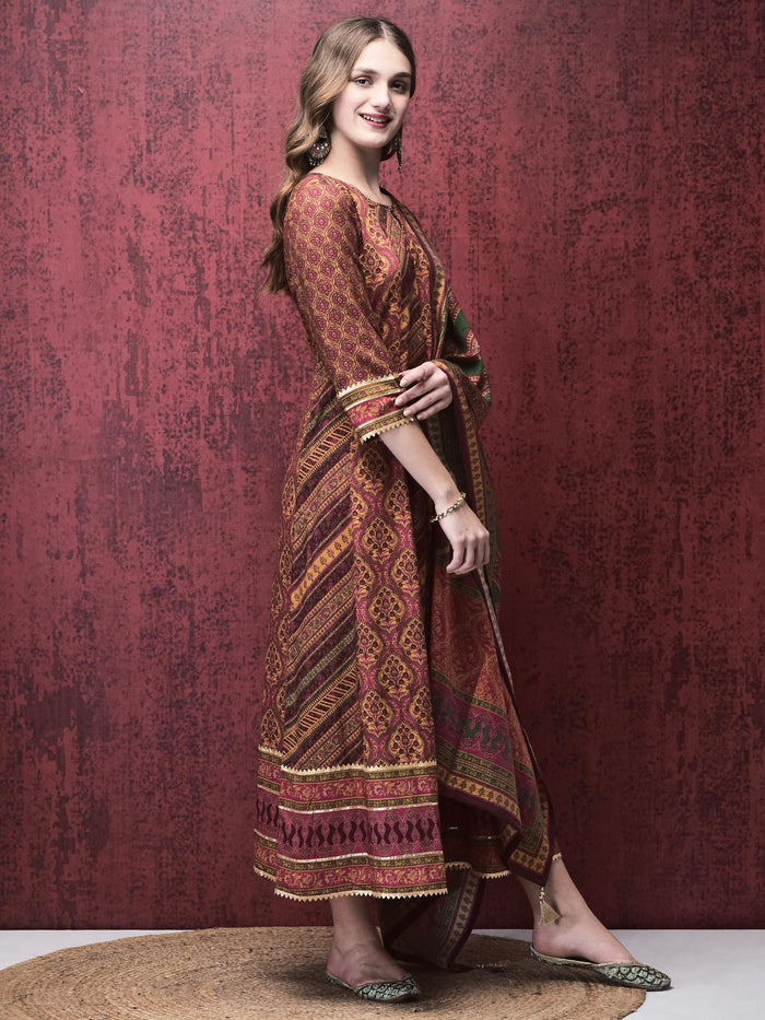 Women Liva (Rayon) Multicolor Mughal Print Dress With Chanderi Dupatta.
