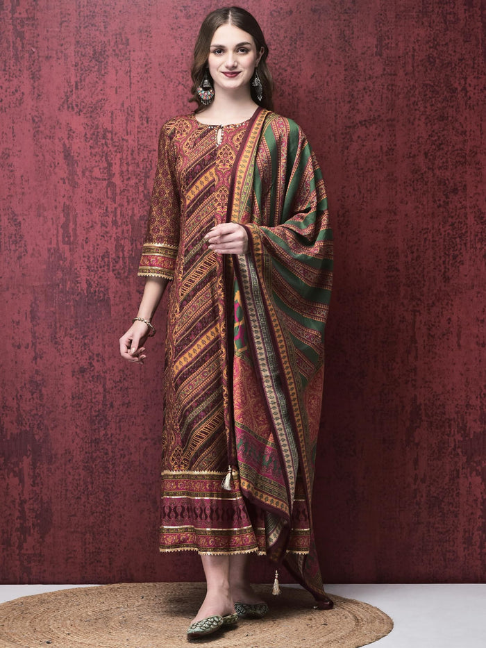 Women Liva (Rayon) Multicolor Mughal Print Dress With Chanderi Dupatta.