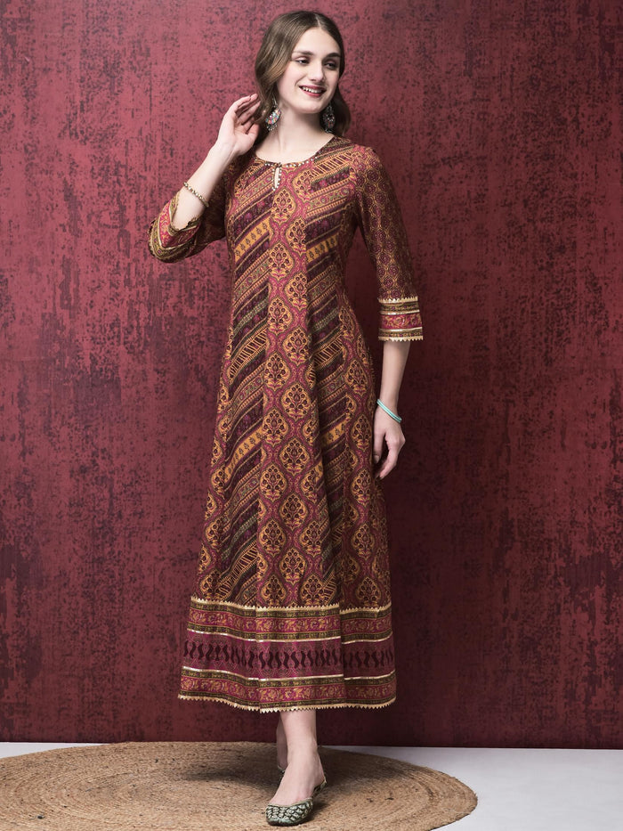 Women Liva (Rayon) Multicolor Mughal Print Dress With Chanderi Dupatta.