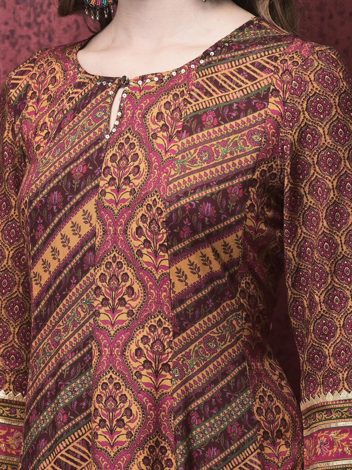 Women Liva (Rayon) Multicolor Mughal Print Dress With Chanderi Dupatta.