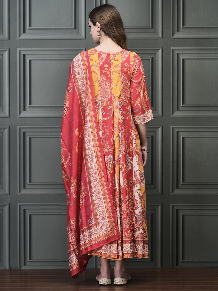 Women Liva (Rayon) Multicolor Paisley Print Dress With Chanderi Dupatta.