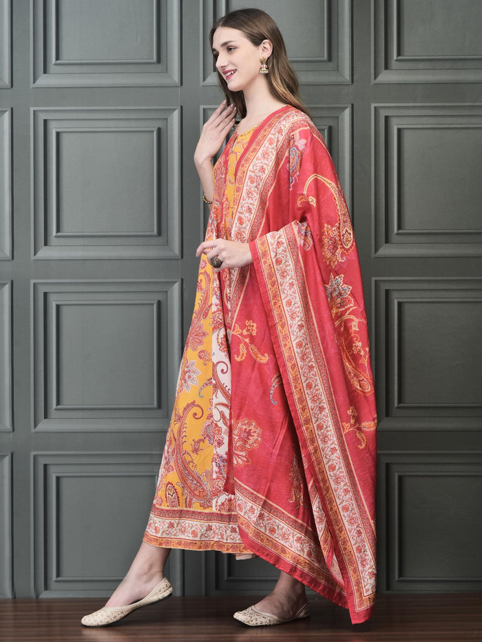Women Liva (Rayon) Multicolor Paisley Print Dress With Chanderi Dupatta.