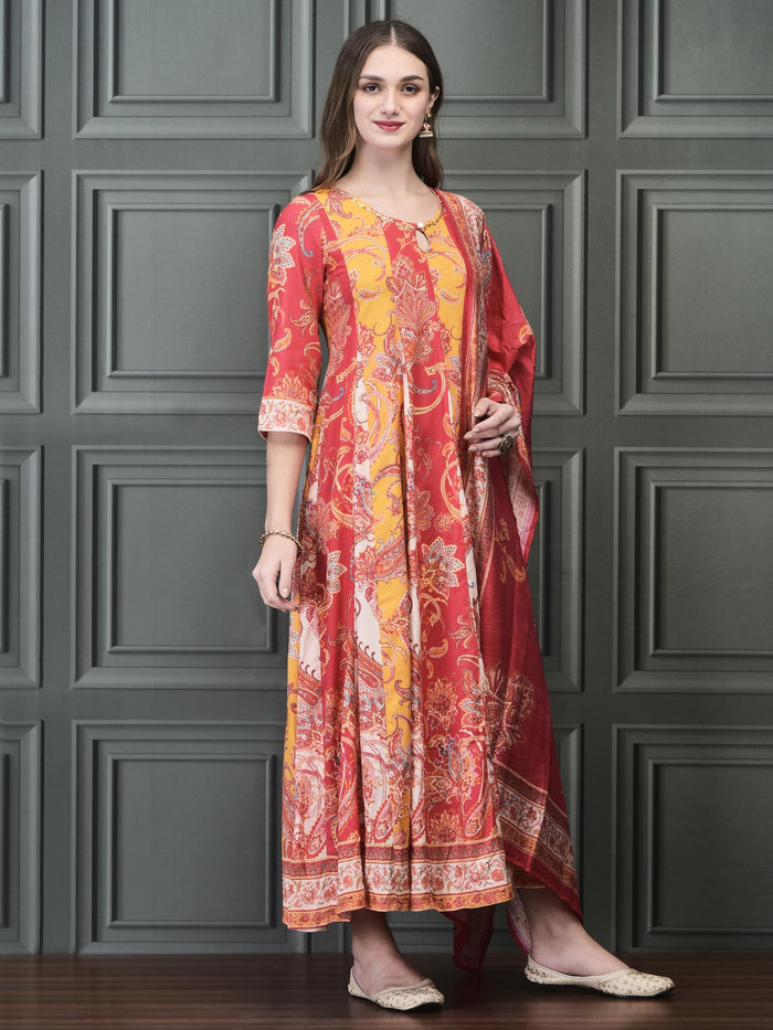 Women Liva (Rayon) Multicolor Paisley Print Dress With Chanderi Dupatta.