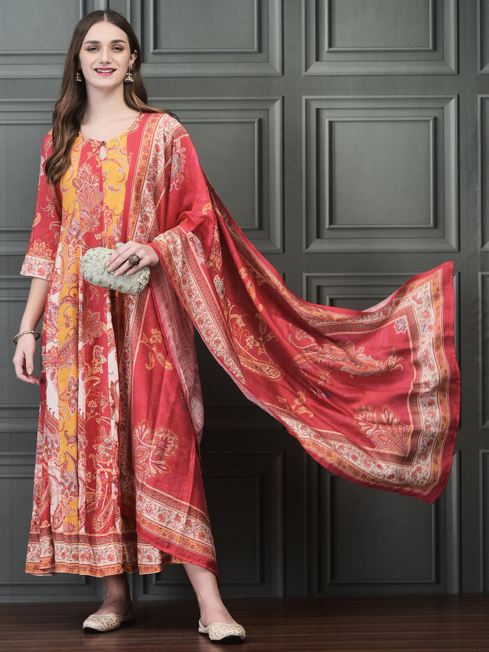 Women Liva (Rayon) Multicolor Paisley Print Dress With Chanderi Dupatta.
