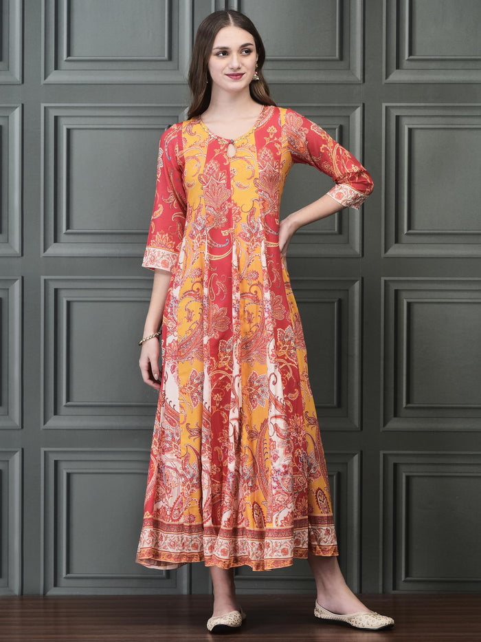 Women Liva (Rayon) Multicolor Paisley Print Dress With Chanderi Dupatta.