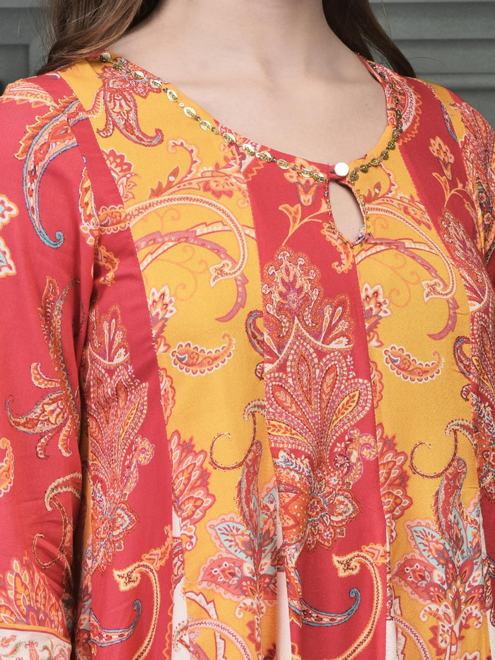 Women Liva (Rayon) Multicolor Paisley Print Dress With Chanderi Dupatta.