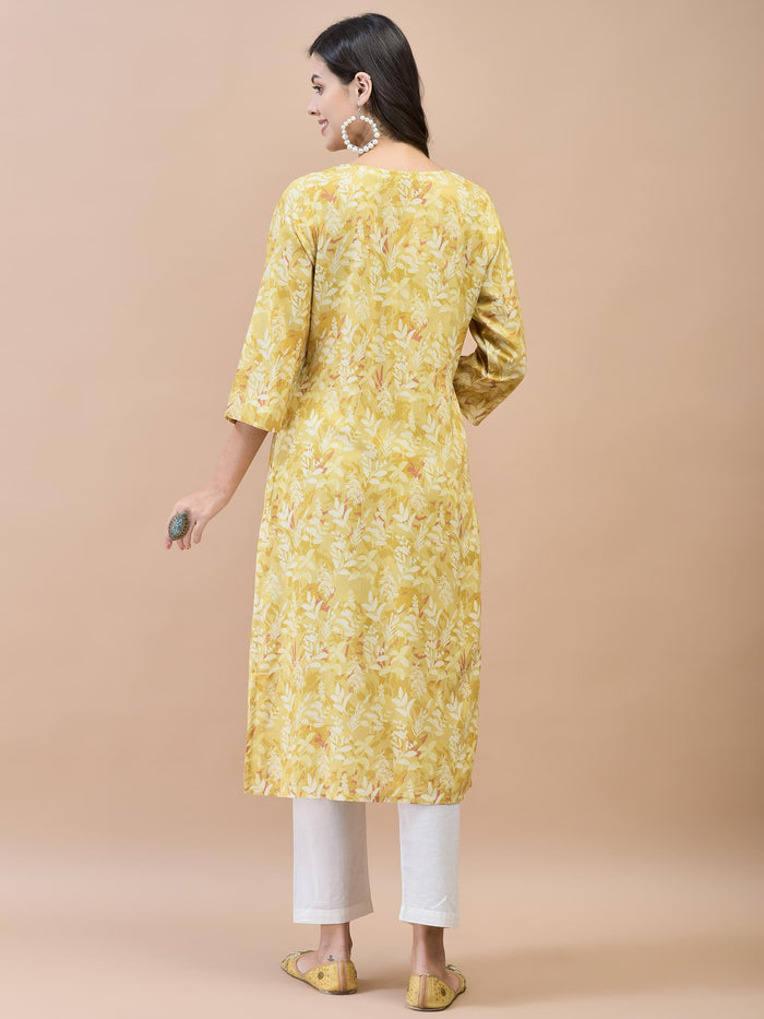 Women Liva Rayon Mustard Floral Print Kurta.