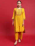 Women Liva Rayon Mustard Geometric Print Kurta With Comfort Pant.