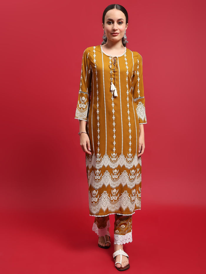 Women Liva Rayon Mustard Ornamental Print Kurta With Comfort Pant.