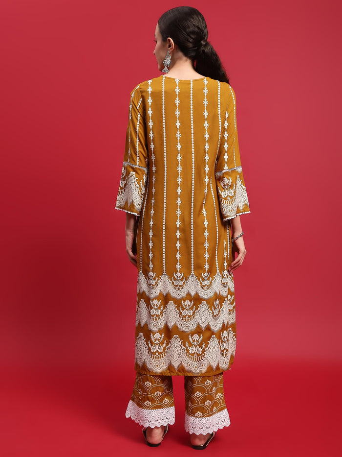 Women Liva Rayon Mustard Ornamental Print Kurta With Comfort Pant.